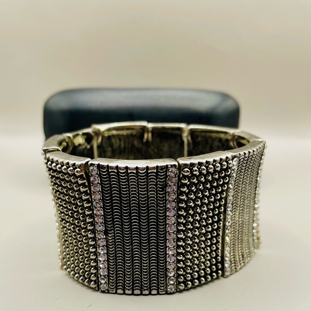 Patterned Rectangle And Rhinestone Stretch Bracel… - image 1